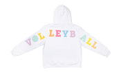 White hoodie with 'Volleyball' printed in colorful letters on a white background