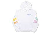 White hoodie with colorful volleyball text on a white background