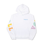 White volleyball hoodie with colorful letters on a white background